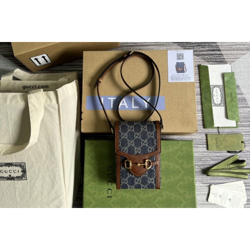 Gucci Gucci Horsebit 1955 mini bag in Blue and ivory denim jacquard Gucci Gucci Horsebit 1955 mini bag in Blue and ivory denim jacquard