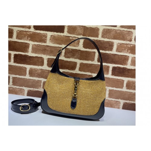 Gucci Jackie 1961 small shoulder bag in Camel straw effect fabric with blue leather trim