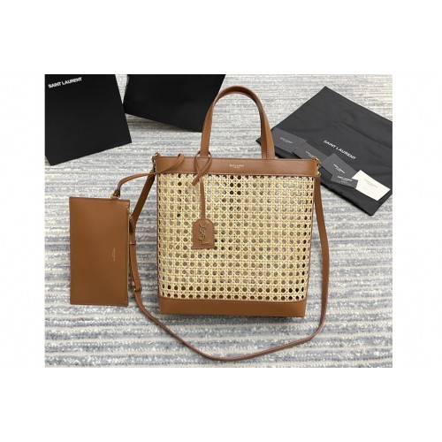 YSL n s toy shopping bag in woven cane and Brown leather