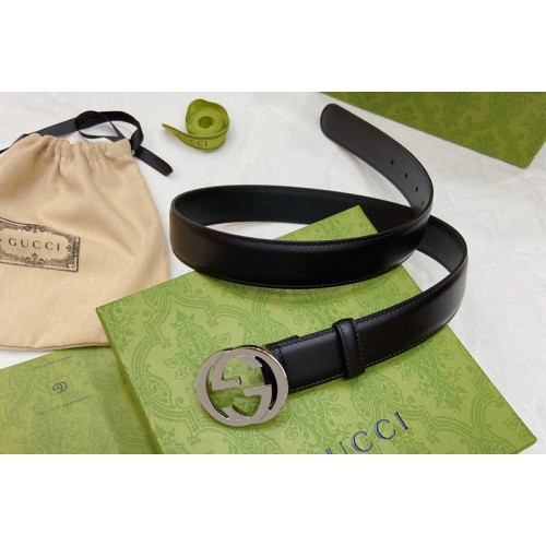 Women Gucci 30mm Thin belt with Interlocking G buckle in Black Leather With Silver Buckle Women Gucci 30mm Thin belt with Interlocking G buckle in Black Leather With Silver Buckle