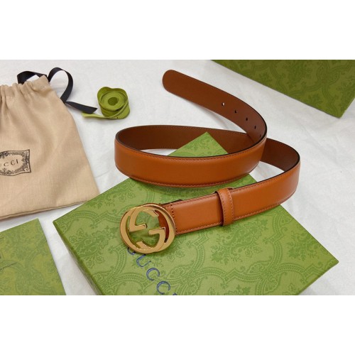 Women Gucci 30mm Thin belt with Interlocking G buckle in Brown Leather With Gold Buckle