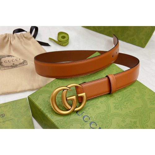 Women Gucci 30mm Thin belt with Double G buckle in Brown Leather With Gold Buckle