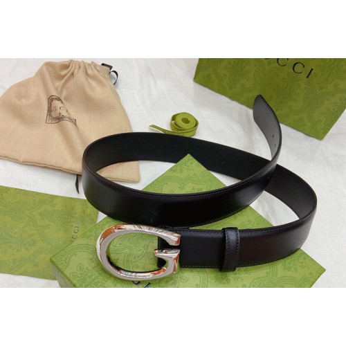 Men Gucci 40mm Belt with G buckle in Black leather With Silver Buckle Men Gucci 40mm Belt with G buckle in Black leather With Silver Buckle