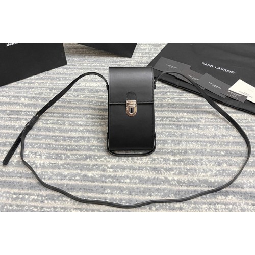 YSL TUC PHONE POUCH WITH STRAP IN Black SUPPLE CALFSKIN