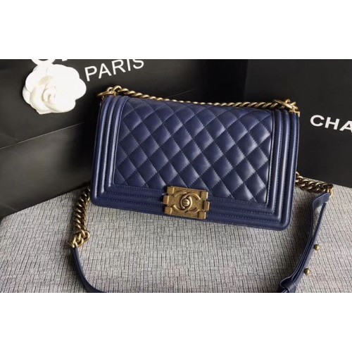 Chanel Le Boy Original Sheepskin Dark Blue Leather Shoulder Bags A67086 Gold Chain