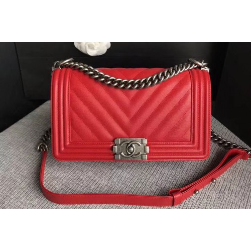 Chanel Le Boy Original Chevron Red Leather Shoulder Bags 67086 Silver Chain