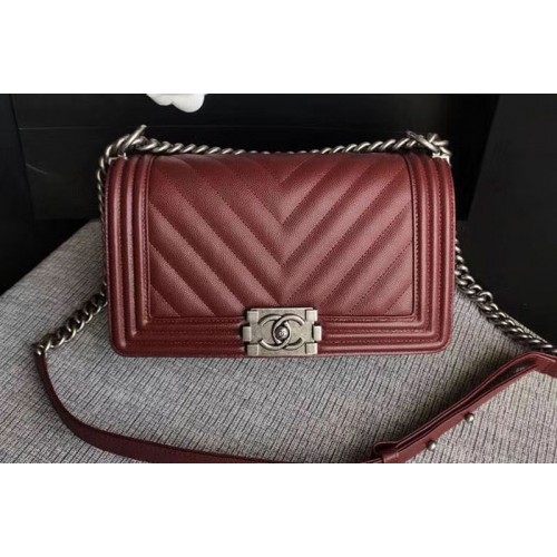 Chanel Le Boy Original Chevron Wine Leather Shoulder Bags 67086 Silver Chain