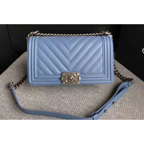Chanel Le Boy Original Chevron Blue Leather Shoulder Bags 67086 Silver Chain