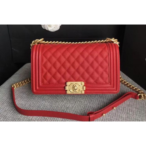 Chanel Le Boy Original Caviar Red Leather Shoulder Bags 67086 Gold Chain