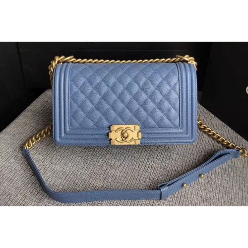 Chanel Le Boy Original Caviar Blue Leather Shoulder Bags 67086 Gold Chain