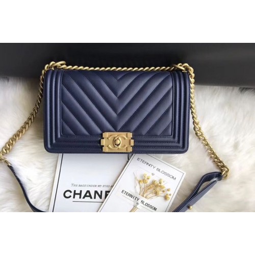 Chanel Le Boy Original Chevron Blue Leather Shoulder Bags 67086 Gold Chain