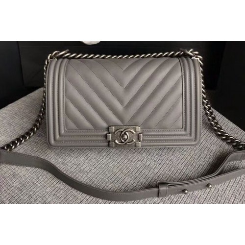 Chanel Le Boy Original Chevron Grey Leather Shoulder Bags 67086 Silver Chain