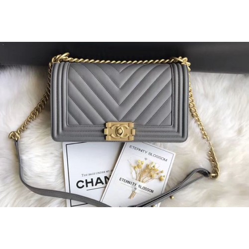 Chanel Le Boy Original Chevron Grey Leather Shoulder Bags 67086 Gold Chain