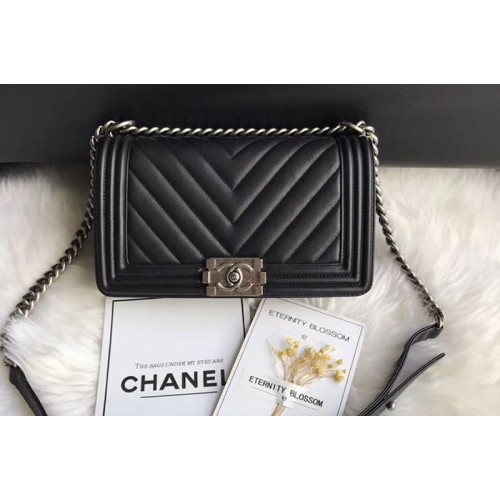 Chanel Le Boy Original Chevron Black Leather Shoulder Bags 67086 Silver Chain