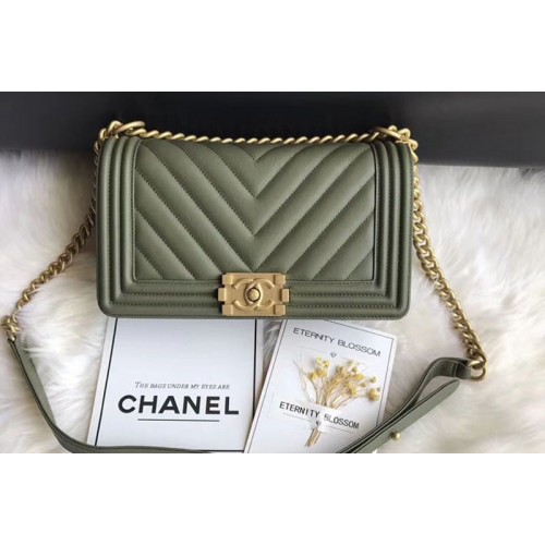 Chanel Le Boy Original Chevron Dark Green Leather Shoulder Bags 67086 Gold Chain