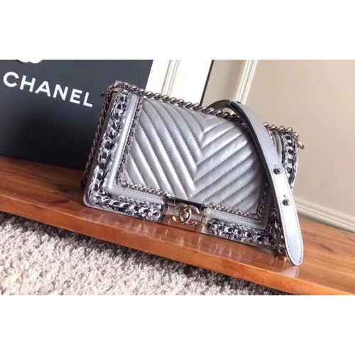 Chanel Le Boy Flap Bag Original Chevron Grey Leather A67086 Silver Chain
