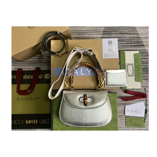 Gucci Small top handle bag with Bamboo in Silver leather Gucci Small top handle bag with Bamboo in Silver leather