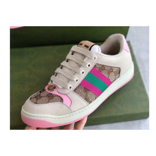 Gucci Womens Screener sneaker with crystals on Beige and ebony canvas with crystals