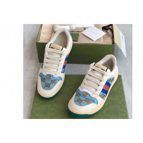 Gucci Womens Screener sneaker with crystals on Beige and ebony canvas with crystals