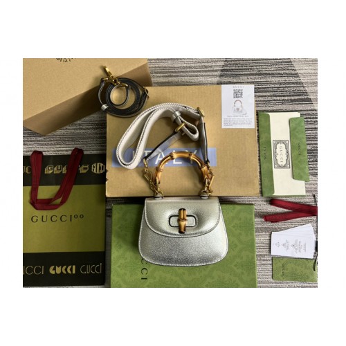 Gucci Mini top handle bag with Bamboo in Silver leather