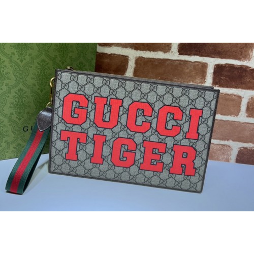 Gucci Tiger Pouch Bag in Beige and ebony Supreme canvas