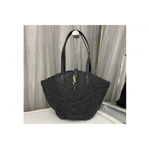 YSL Panier small in Black raffia and vegetable-tanned leather
