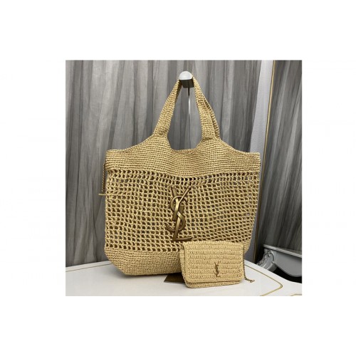 YSL ICARE MAXI SHOPPING BAG IN NATUREL AND BROWN GOLD RAFFIA