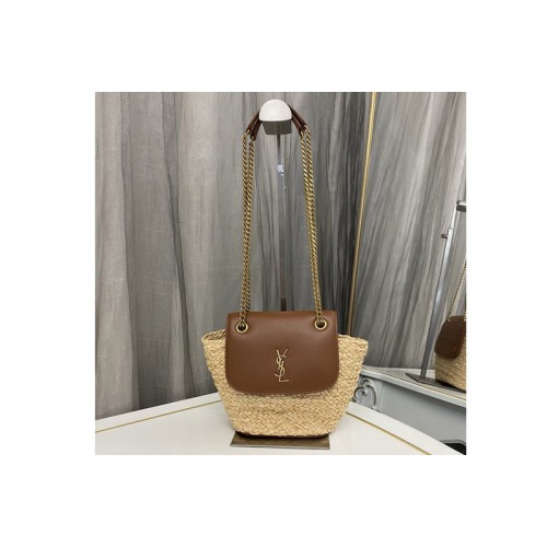 YSL MINI MANON BASKET BAG IN RAFFIA AND AGED VEGETABLE-TANNED LEATHER
