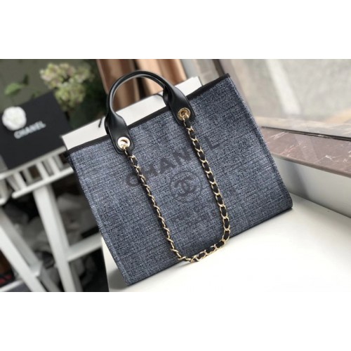 Chanel A66941 Shopping Bag Blue Mixed Fibers With Gray Print and Calfskin