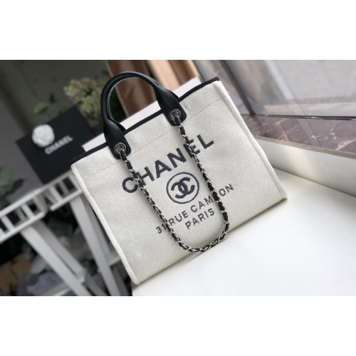 Chanel A66941 Shopping Bag Beige Mixed Fibers With Black Print and Calfskin