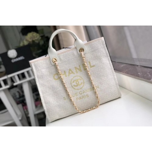 Chanel A66941 Shopping Bag Beige Mixed Fibers With Gold Print and Calfskin