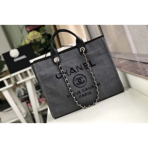 Chanel A66941 Shopping Bag Gray Mixed Fibers With Black Print and Calfskin