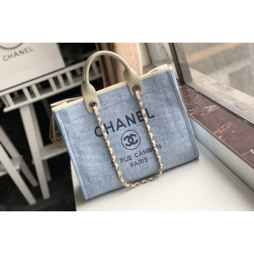 Chanel A66941 Shopping Bag Blue Mixed Fibers With Blue Print and Calfskin