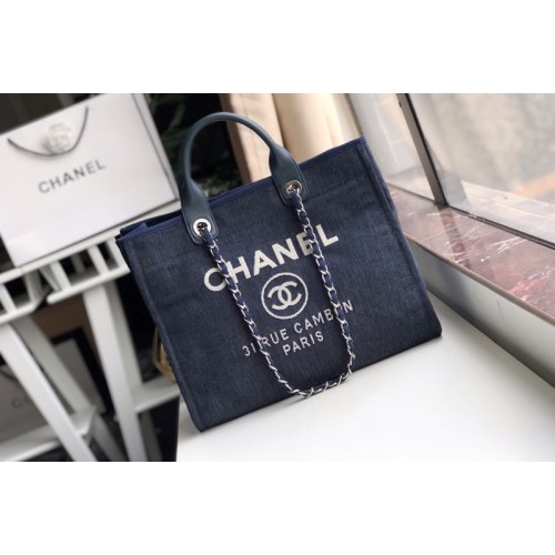 Chanel A66941 Shopping Bag Blue Mixed Fibers With White Print and Calfskin