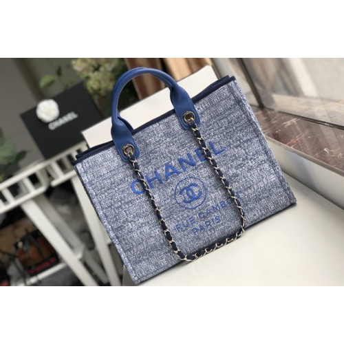Chanel A66941 Shopping Bag Blue Mixed Fibers With Blue Print and Calfskin