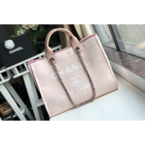 Chanel A66941 Shopping Bag Pink Mixed Fibers With White Print and Calfskin Chanel A66941 Shopping Bag Pink Mixed Fibers With White Print and Calfskin