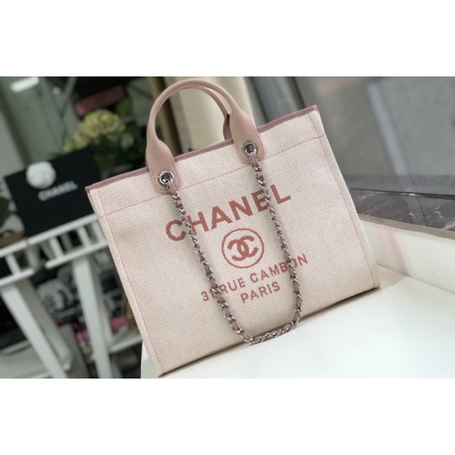 Chanel A66941 Shopping Bag Beige Mixed Fibers With Pink Print and Calfskin