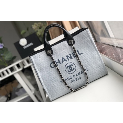 Chanel A66941 Shopping Bag White Mixed Fibers With Blue Print and Calfskin