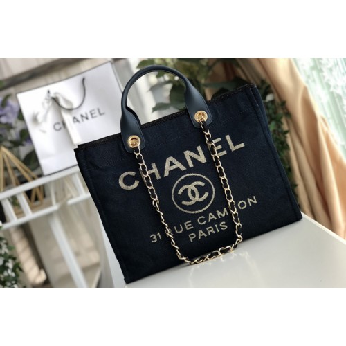 Chanel A66941 Shopping Bag Royal Blue Mixed Fibers With White Print and Calfskin