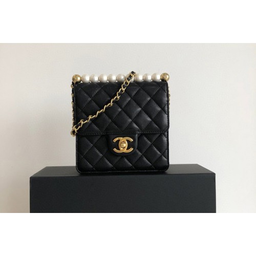 Chanel AS0584 Flap Bag in Black Goatskin and Imitation Pearls and Gold-Tone Metal