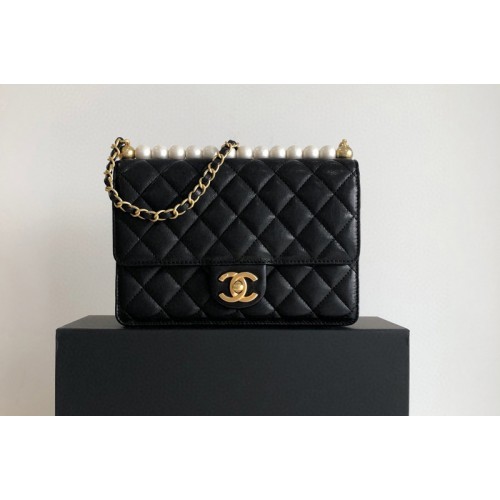 Chanel AS0585 Flap Bag in Black Goatskin and Imitation Pearls and Gold-Tone Metal