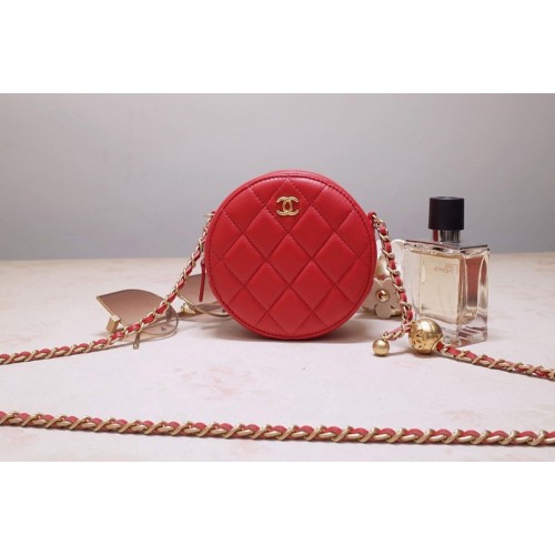 Chanel AS1898 Small Round Bag in Red Shiny Lambskin