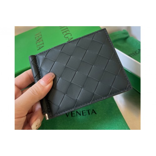 Bottega Veneta Intrecciato Bill Clip Wallet in Dark Green Light Blue Leather Bottega Veneta Intrecciato Bill Clip Wallet in Dark Green Light Blue Leather