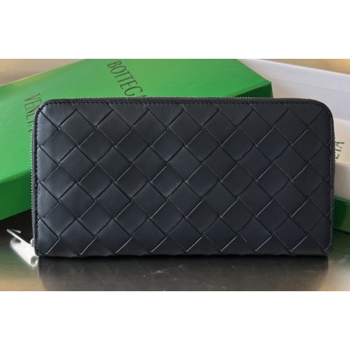 Bottega Veneta Intrecciato Zip Around Wallet in Black Yellow Leather