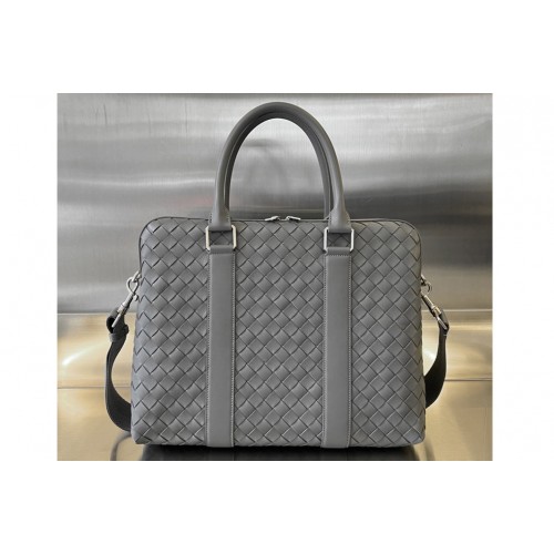 Bottega Veneta Slim Intrecciato Briefcase Bag in Grey Leather