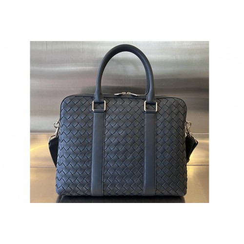 Bottega Veneta Slim Intrecciato Briefcase Bag in Dark Blue Leather