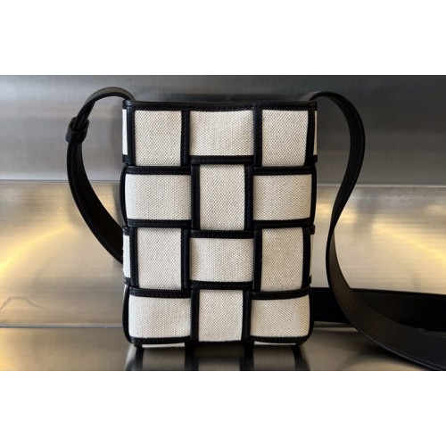 Bottega Veneta Mini Cassette Cross-Body Bag in White Black Canvas