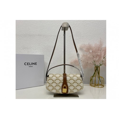 Celine 10I592 CLUTCH ON STRAP TABOU bag IN White TRIOMPHE CANVAS AND Tan CALFSKIN Celine 10I592 CLUTCH ON STRAP TABOU bag IN White TRIOMPHE CANVAS AND Tan CALFSKIN