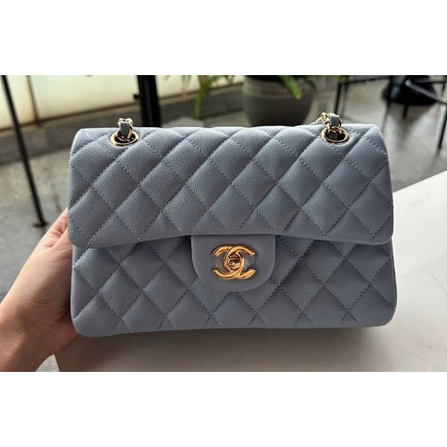 Chanel A01113 Small Classic Handbag in Light Blue Grained Calfskin