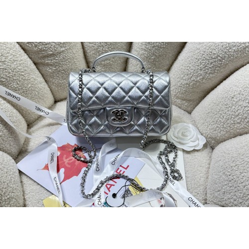 Chanel AS2431 Mini Classic Handbag with Top Handle in Silver Lambskin